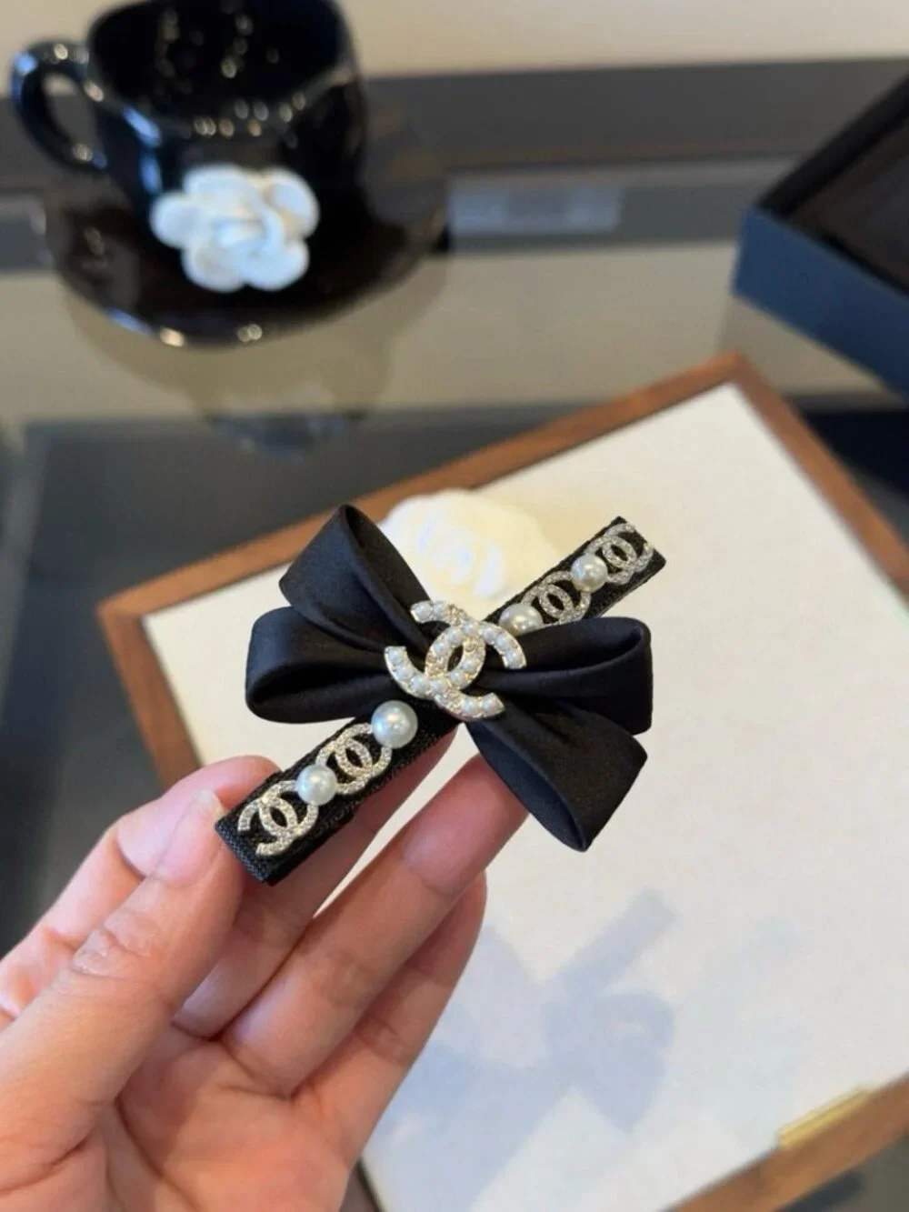 Chanel Black Satin Butterfly Hair Clip